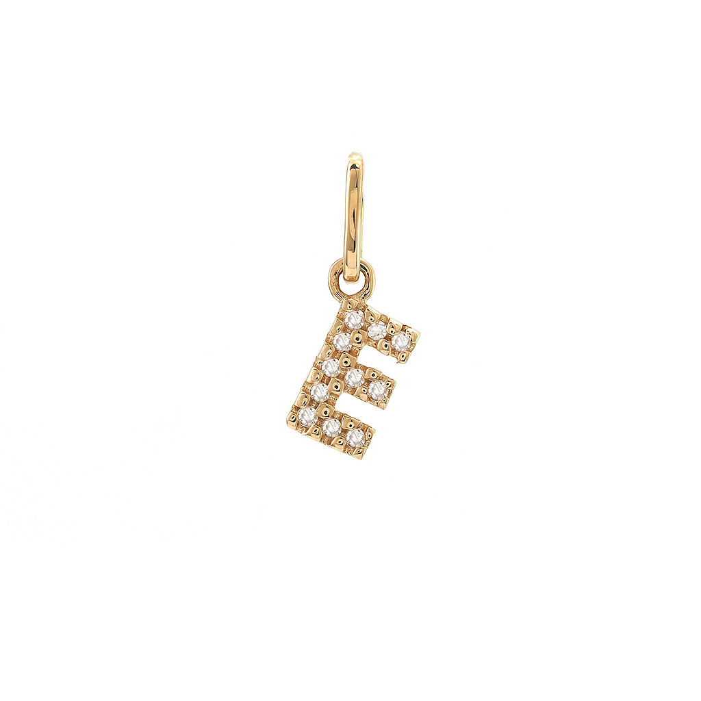 14 karat yellow gold E charm with 11=0.03tw single cut G I Diamonds