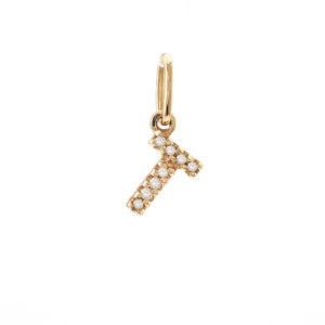 14 karat yellow gold T charm with 8=0.03Tw single cut J I Diamonds