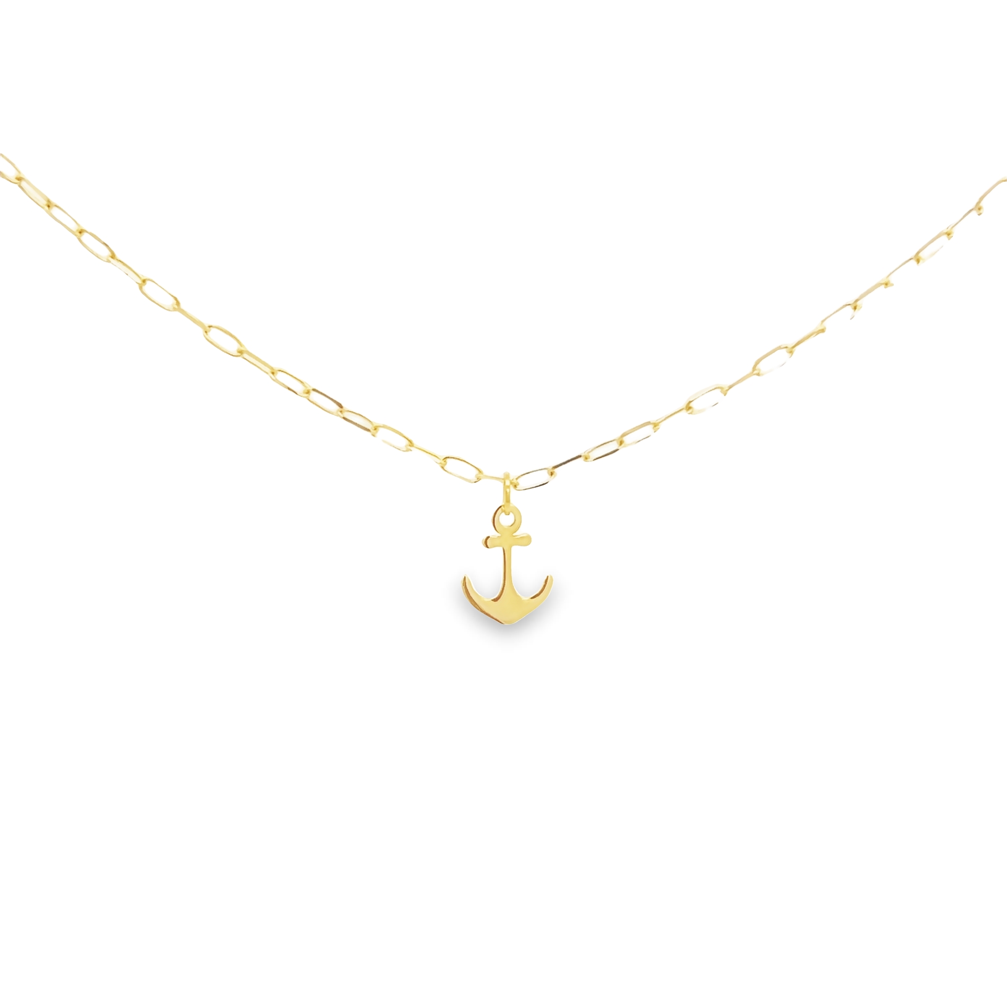 14 karat yellow gold paperclip chain with anchor charm.