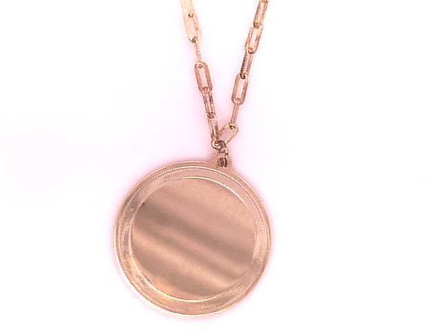 14 Karat yellow gold disc charm on a paperclip chain.
