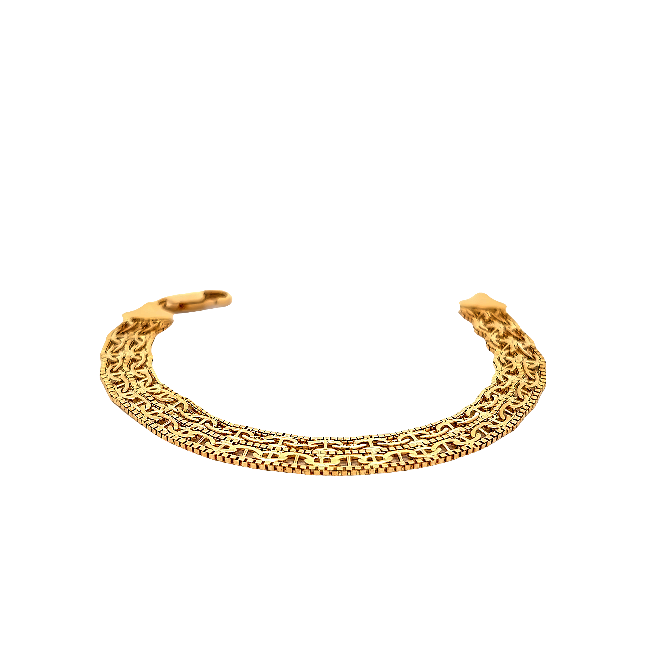 18 Karat yellow gold bracelet with three rows of box chain and two rows of marinier link. Length 7.5