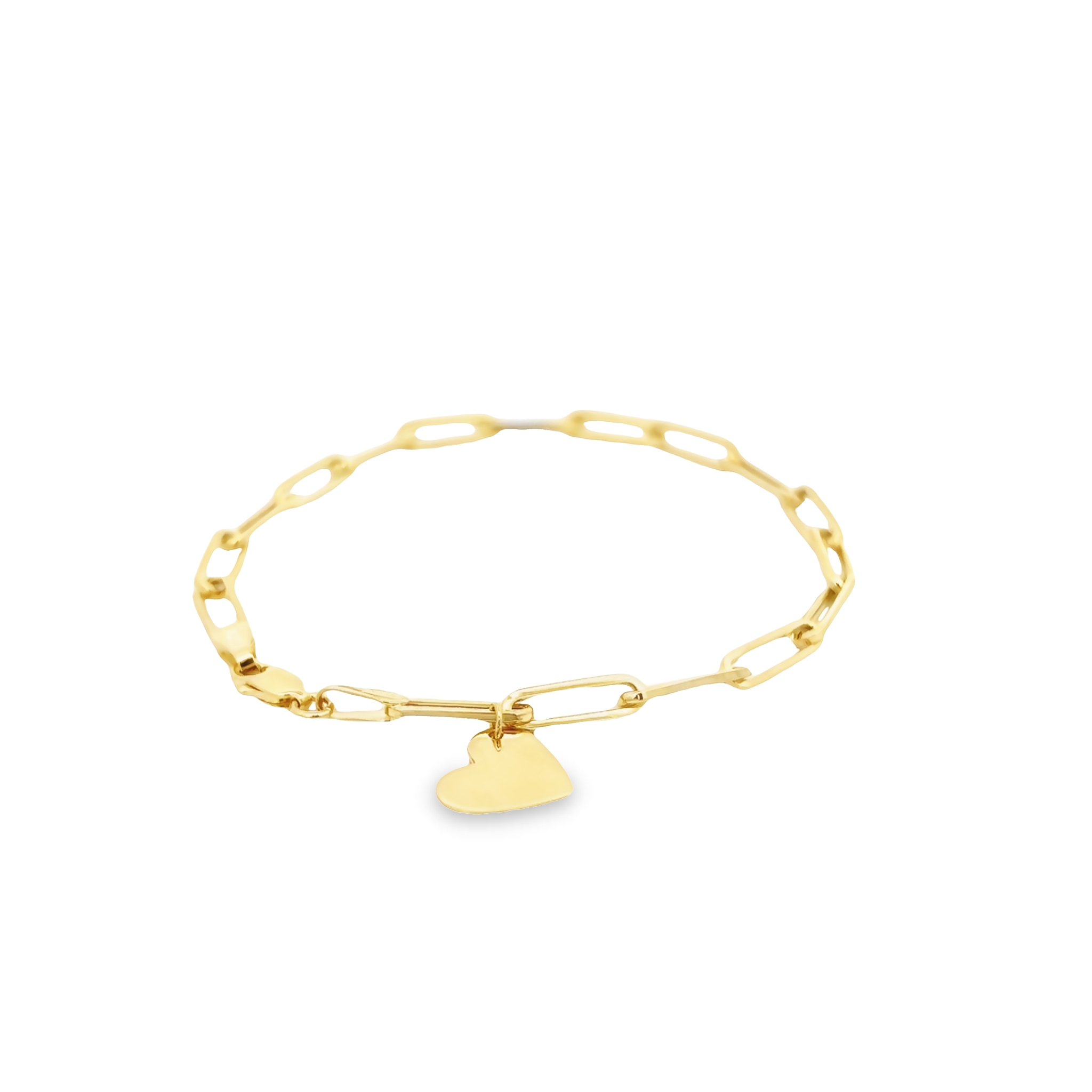 14 karat yellow gold paperclip bracelet with heart charm.