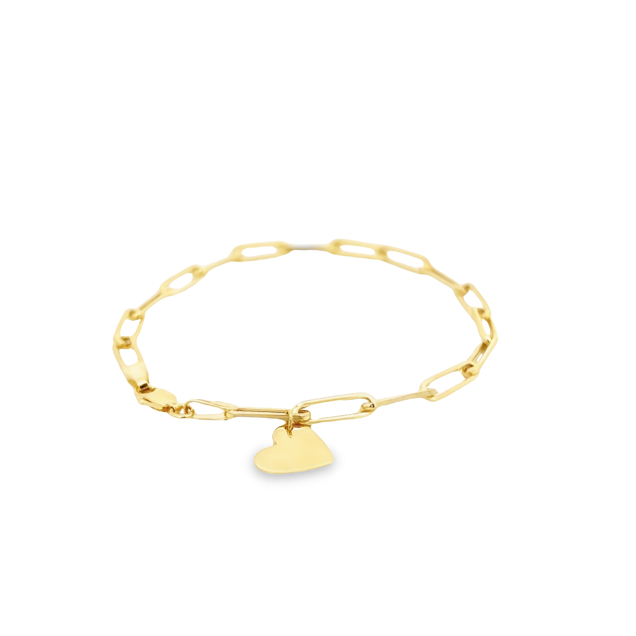 14 Karat Yellow Gold Paperclip Bracelet With Heart Charm.