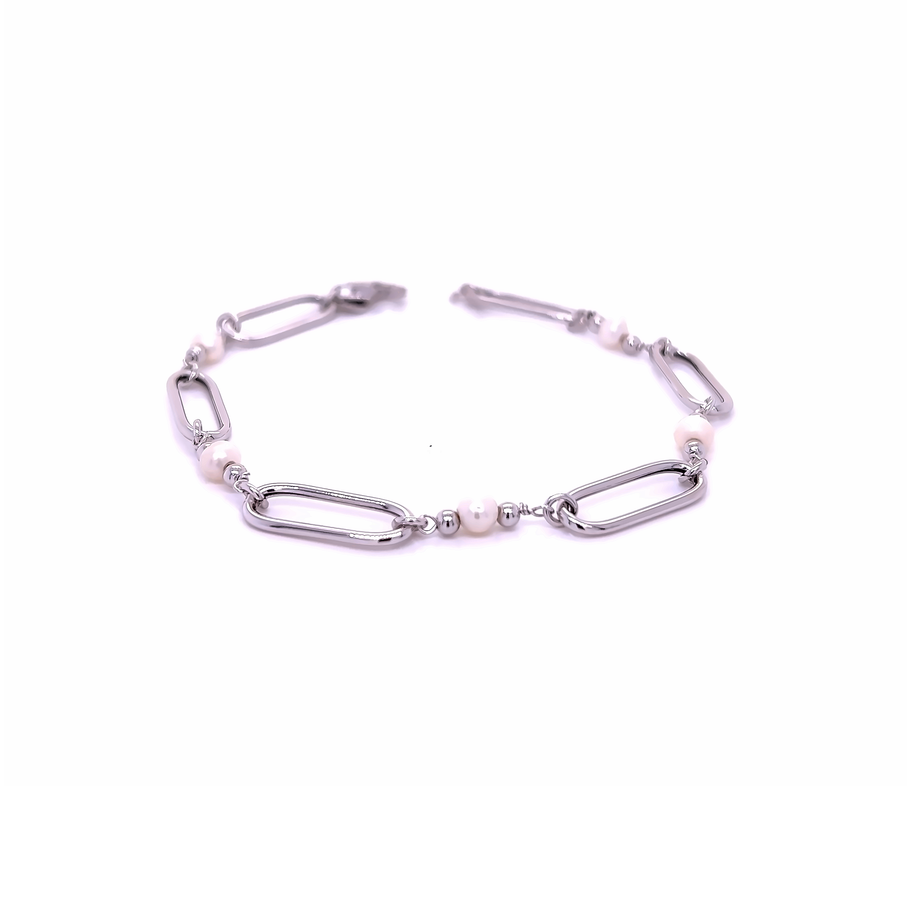 Sterling Link Bracelet With 4=4.50Mm Round Pearls