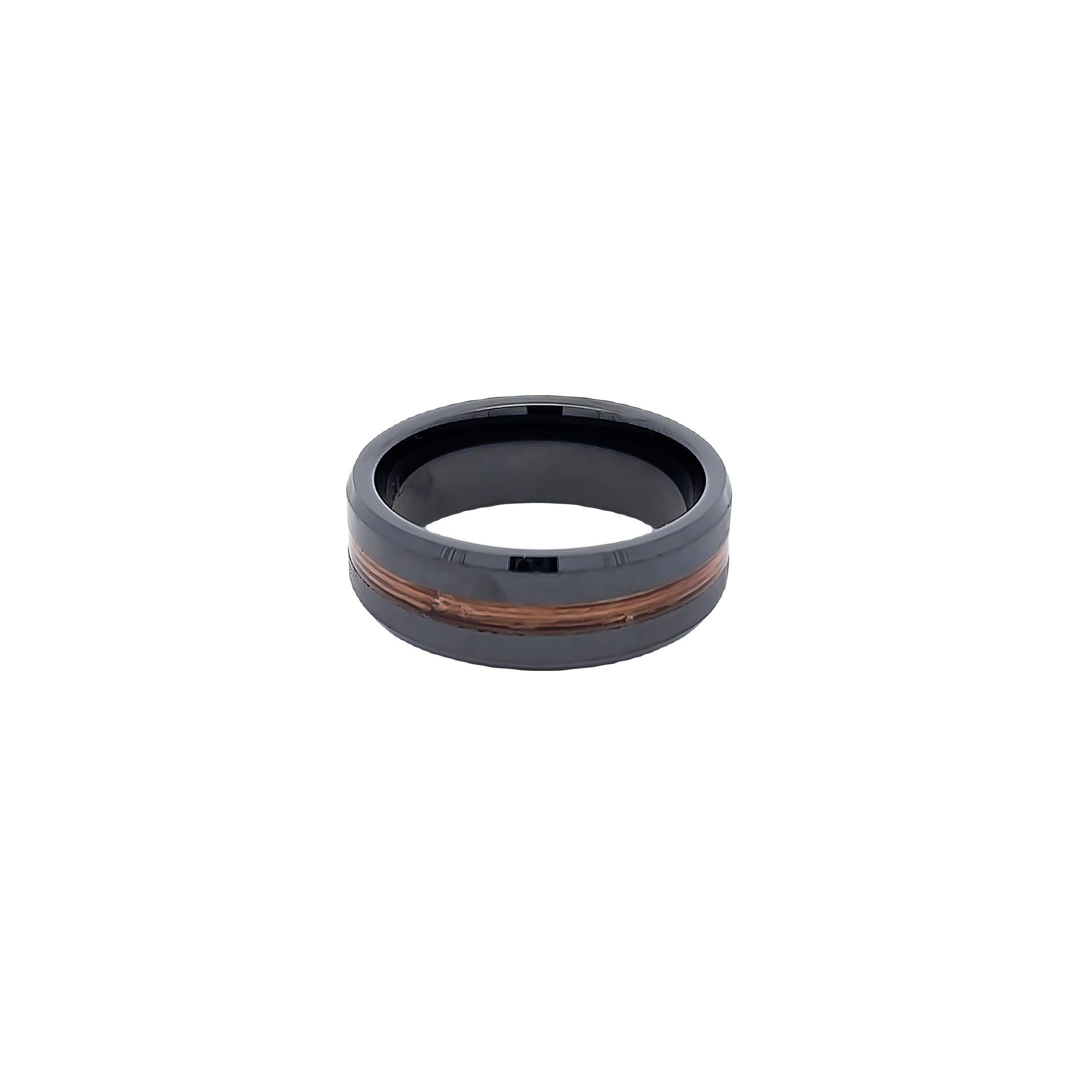 Black Ceramic Wedding Band With 2mm Burbon Aged Inlay Size 10