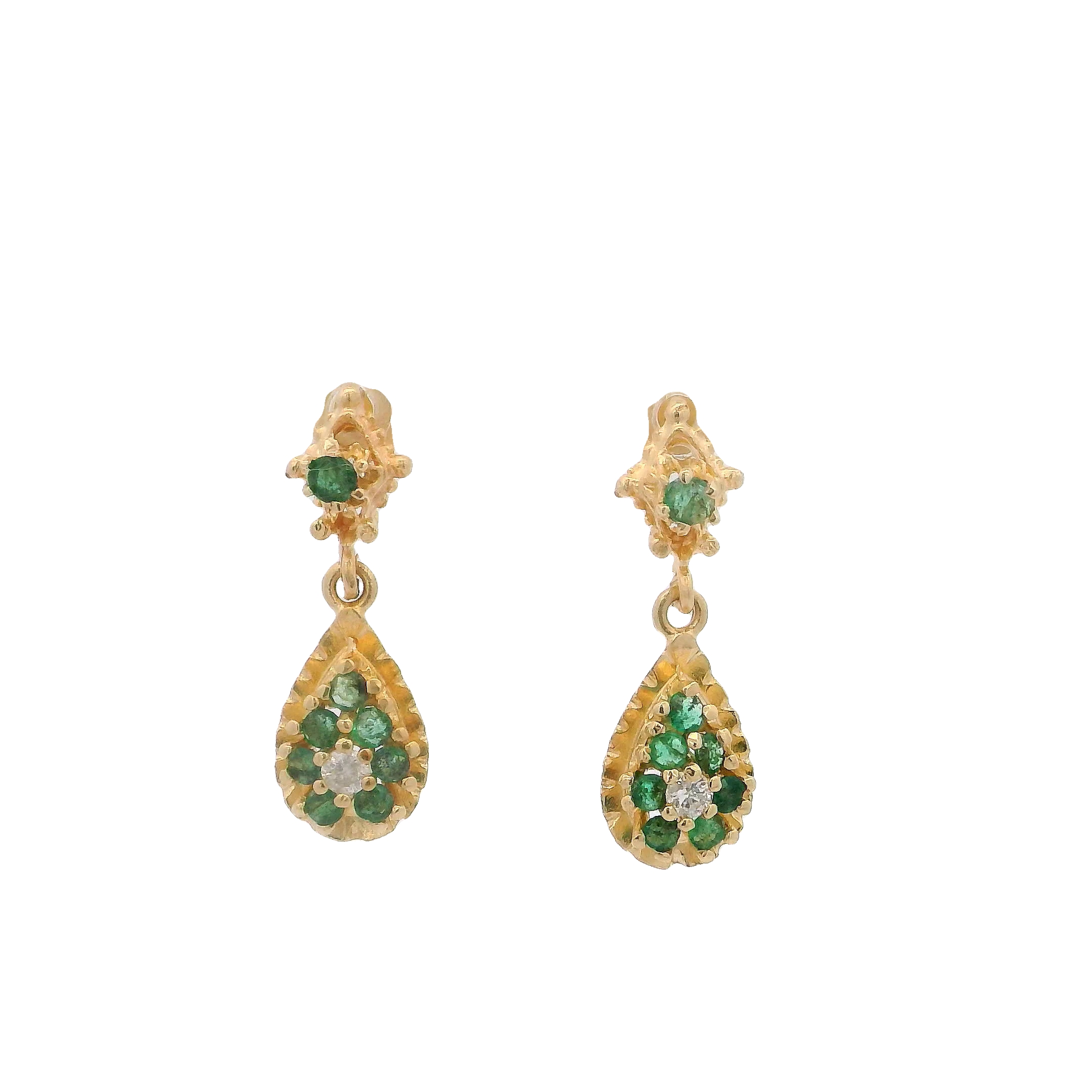 14k Yellow Gold Diamond And Emerald Dangle Earrings