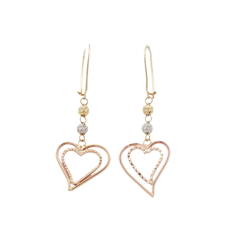 14k Tri-tone Heart Dangle Earrings