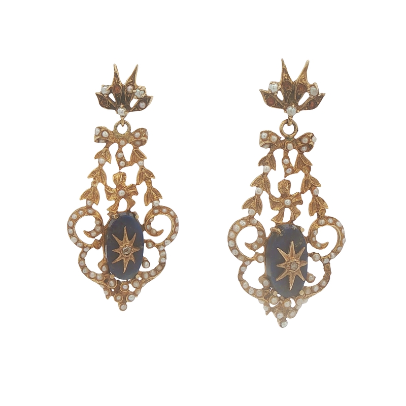 14k Yellow Gold, Lapis And Seed Pearl Earrings