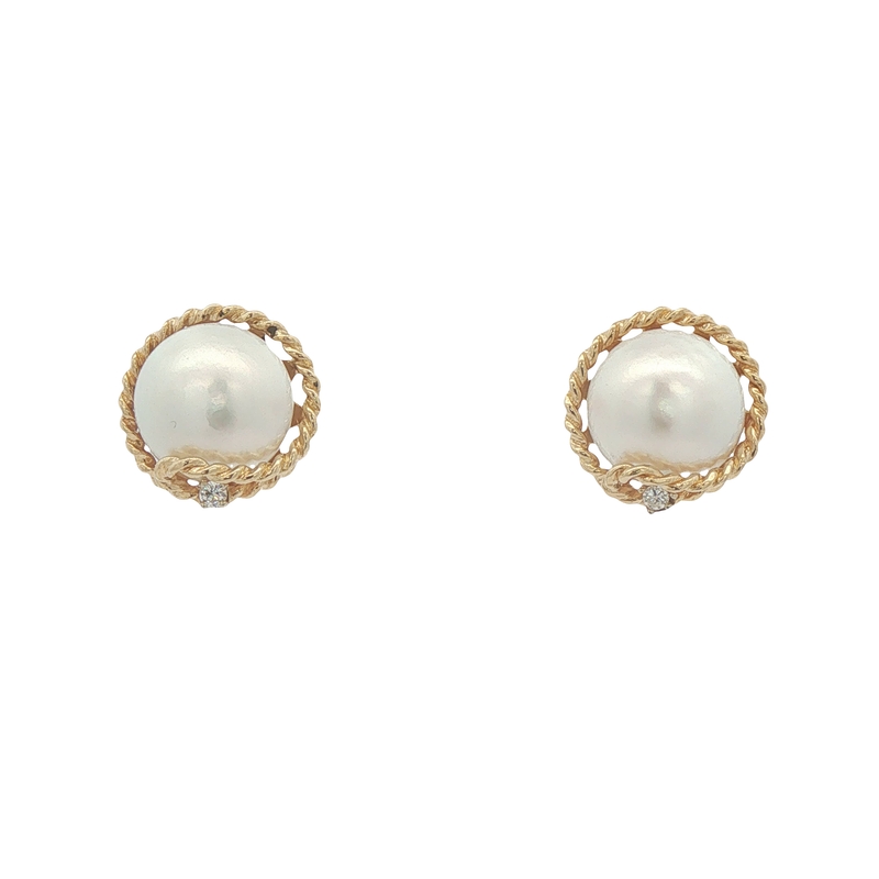 14k Yellow Gold Mabe Pearl And Diamond Earrings