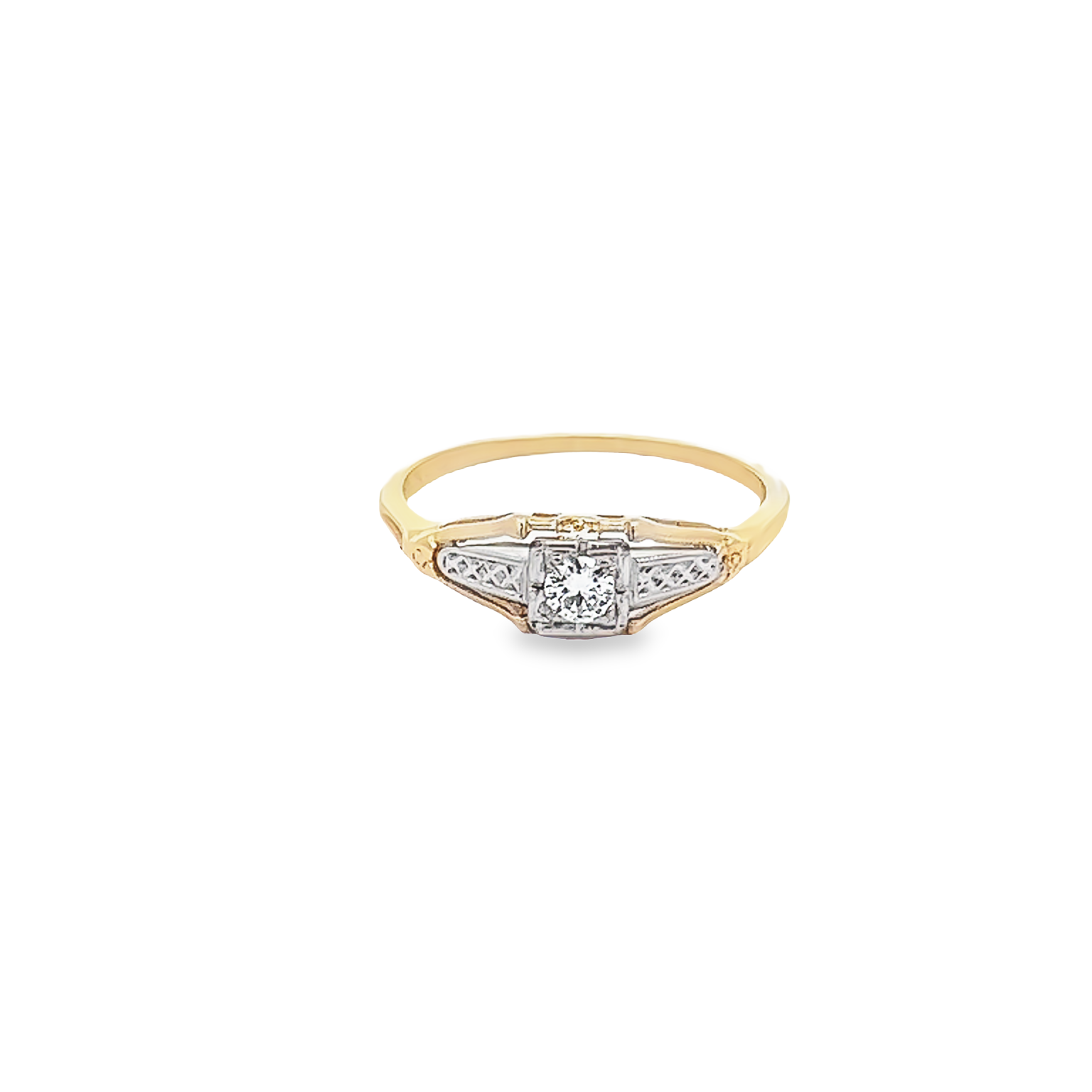 14 Karat yellow and white gold ring Size 6.5 with one round brilliant G VS Diamond