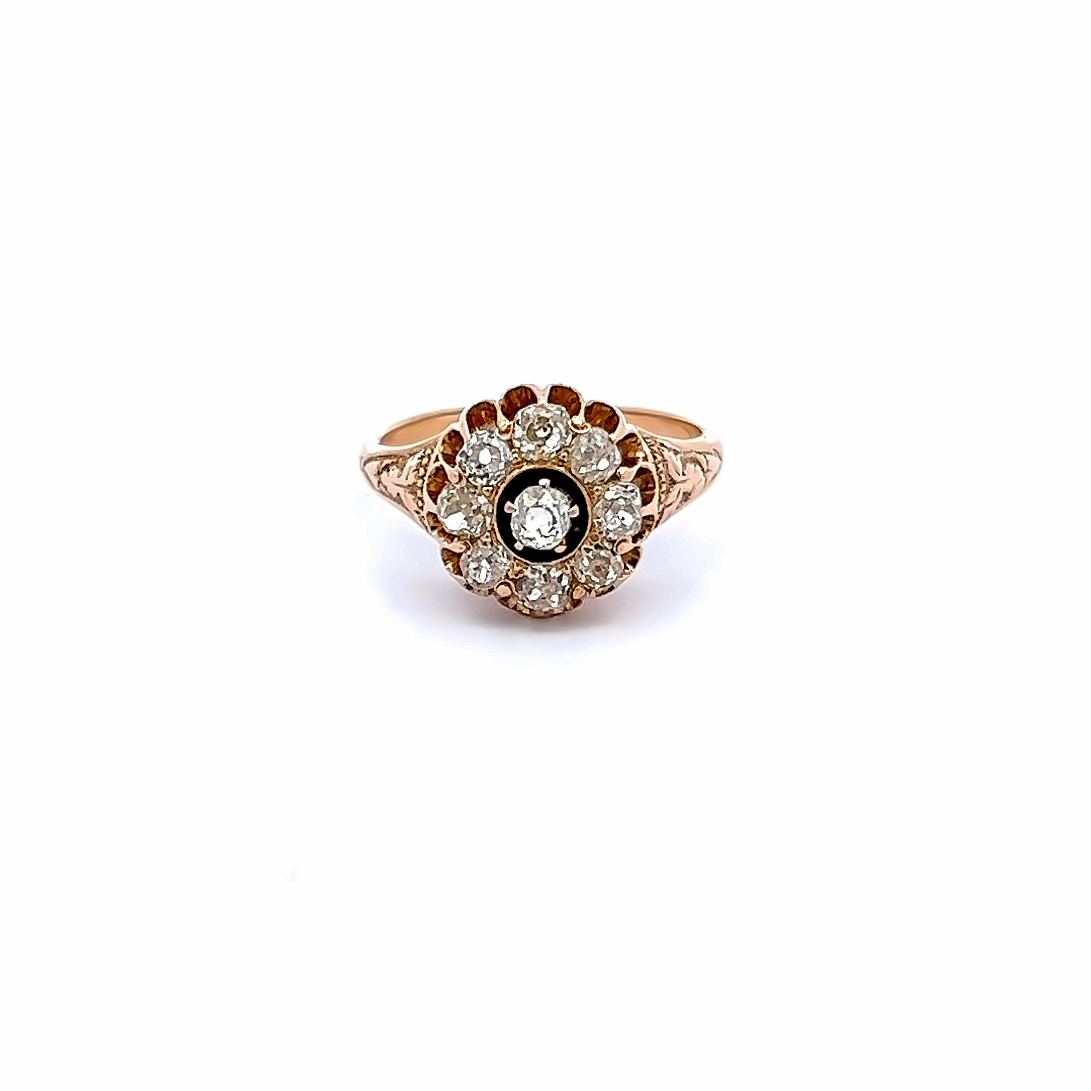 Yellow 14 Karat Ring With  9=1.00tw Mine Cut G SI Diamonds in a round cluster.
