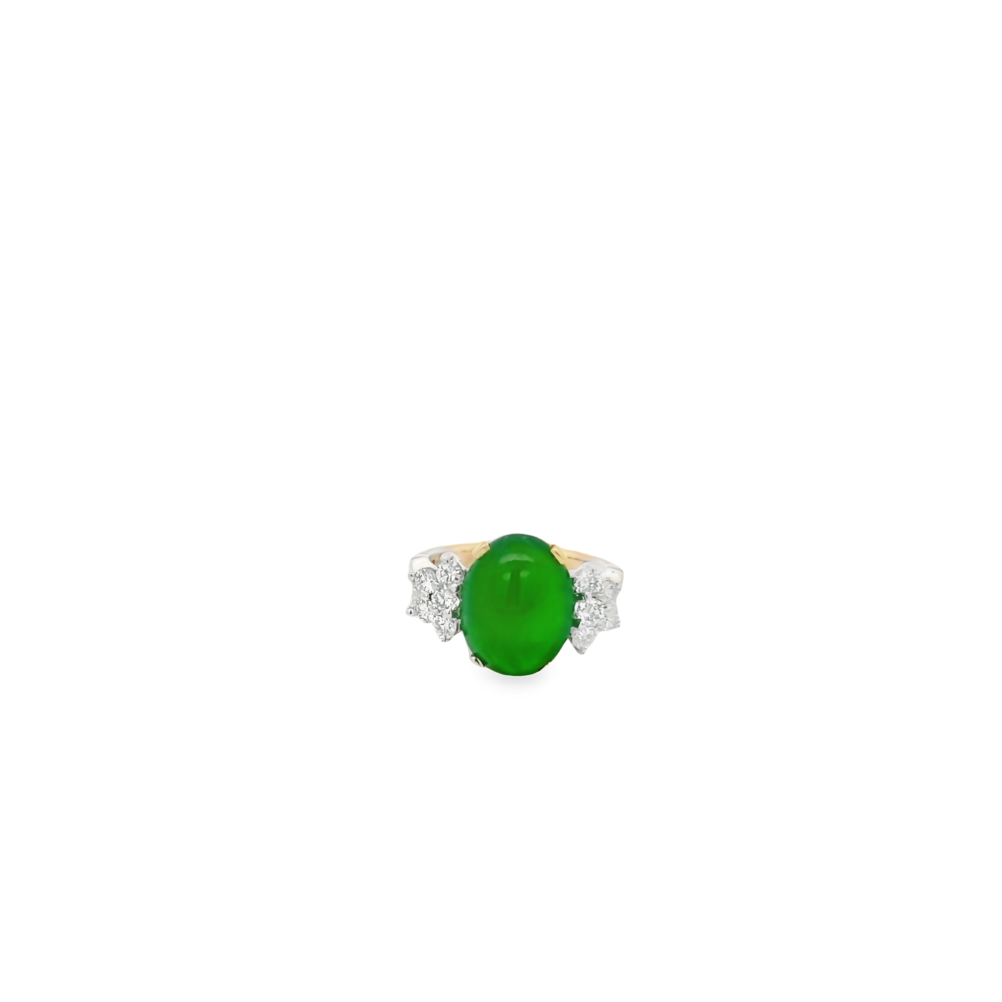 14 Karat Ring With One 12.30x8.30 Mm Cabochon Jadeite And 10=0.50tw Round Brilliant F Si Diamonds.
Fingermate Adjustabke Shank Installed.