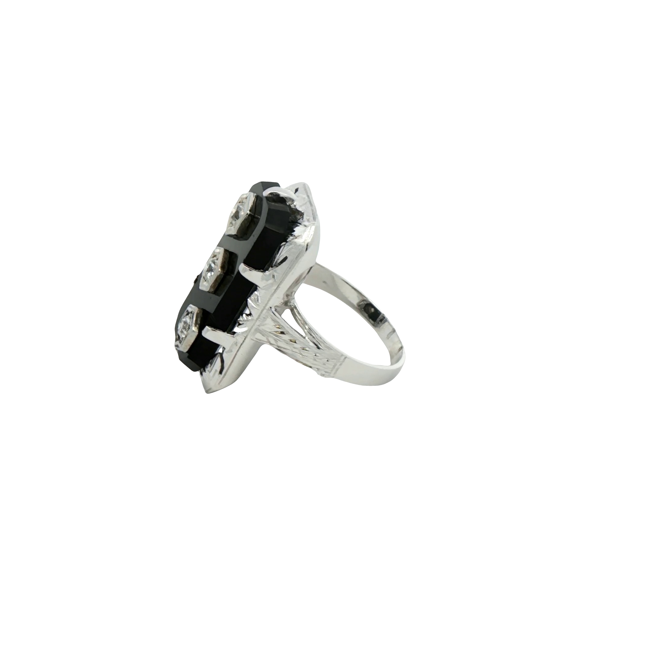 18k White Gold Black Onyx And Diamond Antique Ring