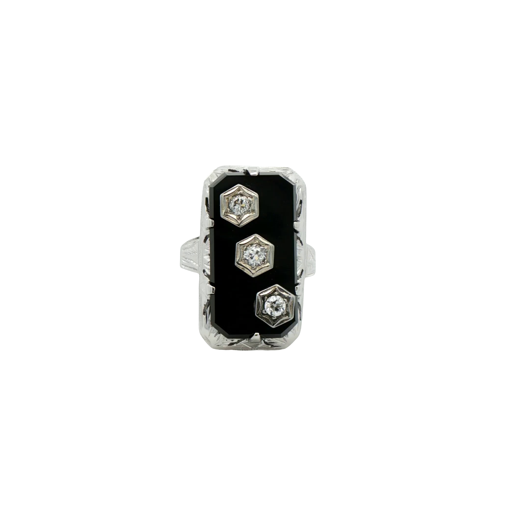 18k White Gold Black Onyx And Diamond Antique Ring