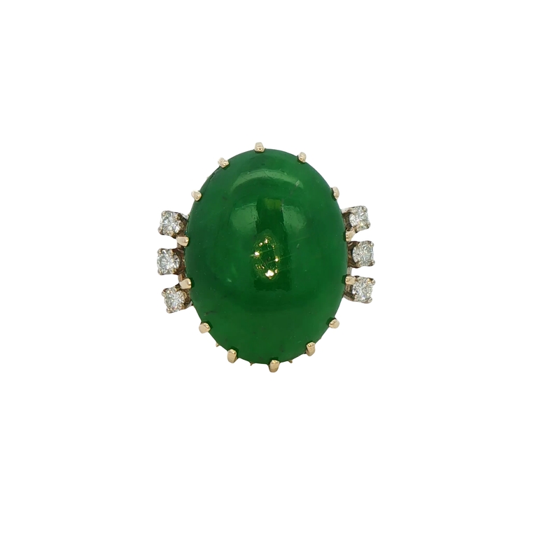 14k Yellow Gold Cabochon Green Jadeite And Diamond Ring
