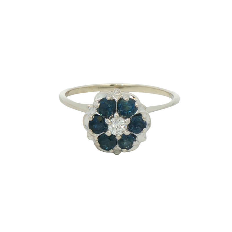14k White Gold Diamond And Sapphire Cluster Ring