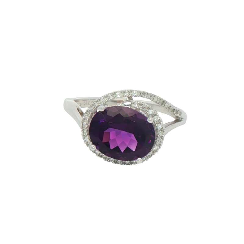 14k White Gold Amethyst And Diamond Halo Ring