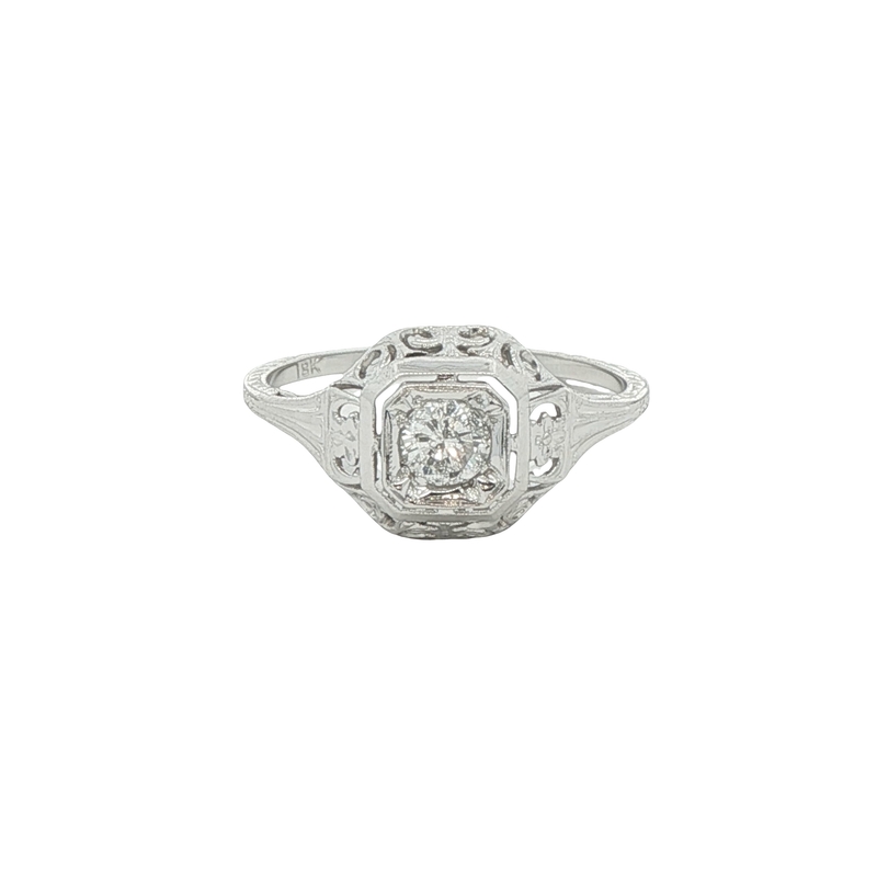 18k White Gold Engraved Diamond Ring