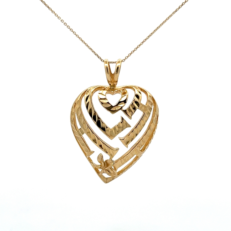 14k Yellow Gold Cut Out Puffed Heart Pendant Necklace