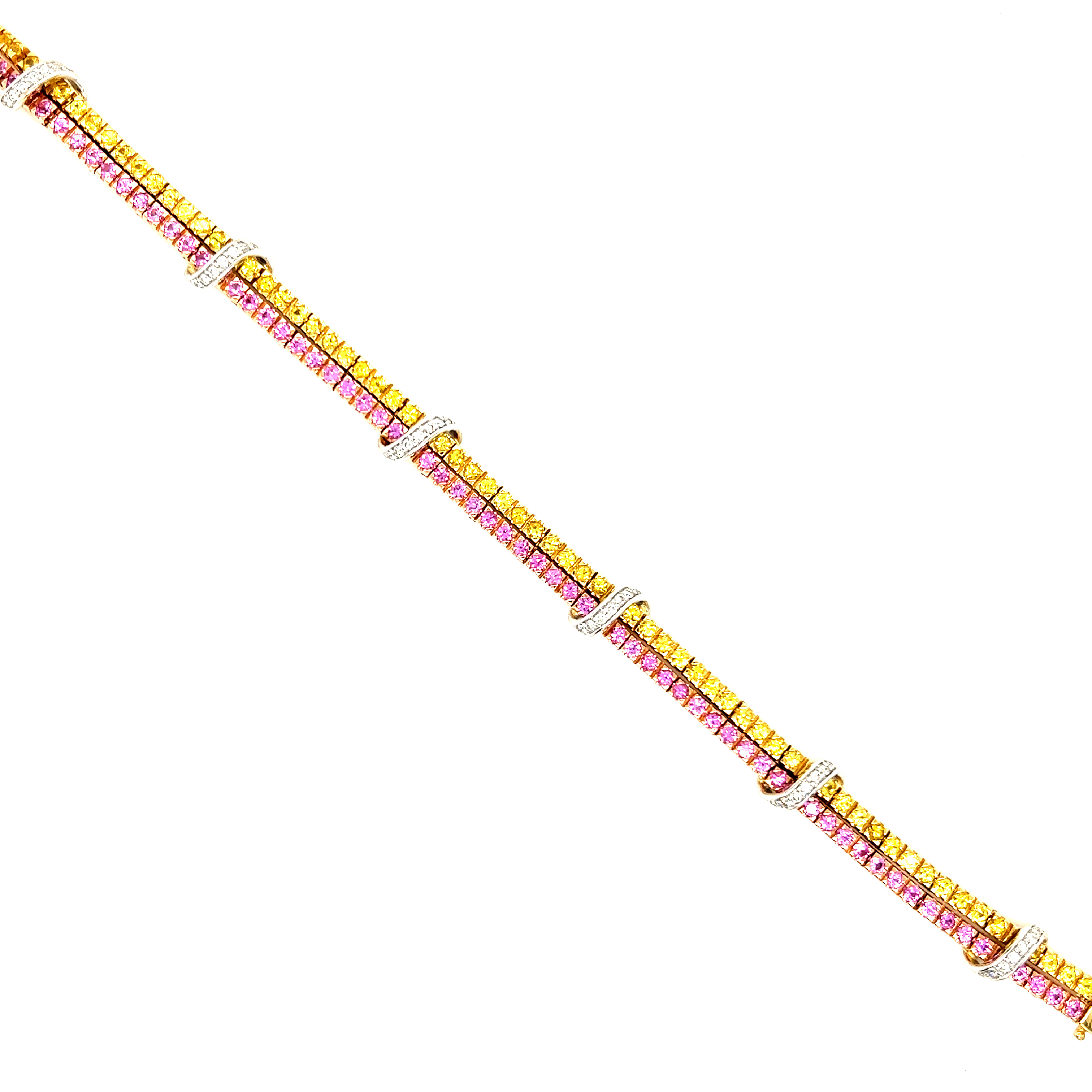18 Karat Bracelet Length 6.5  63=2.00mm Round Pink Sapphires  63=2.00mm Round Yellow Sapphires  54=0.50tw Round Brilliant G SI Diamonds  dwt: 13.46