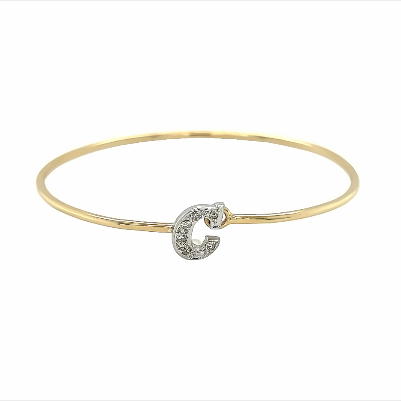 Yellow 18 Karat Bangle "C" Bracelet 6=0.10tw Single Cut Diamonds