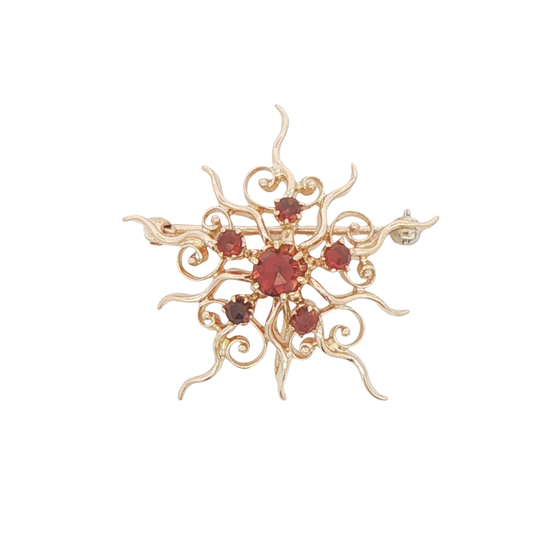 14k Yellow Gold Garnet Sunburst Pin And Pendant