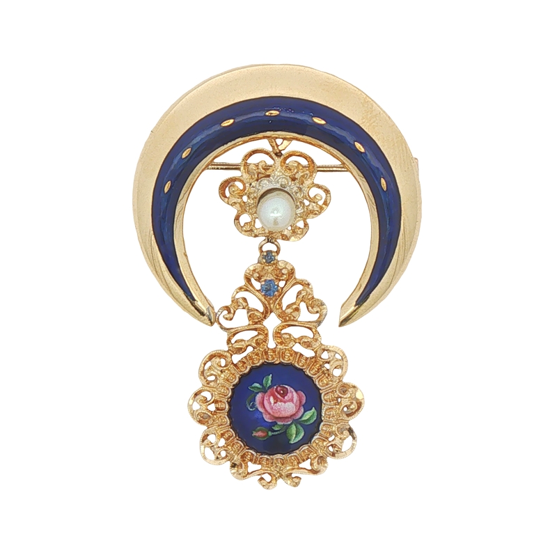 18k Yellow Gold Pearl And Sapphire Brooch