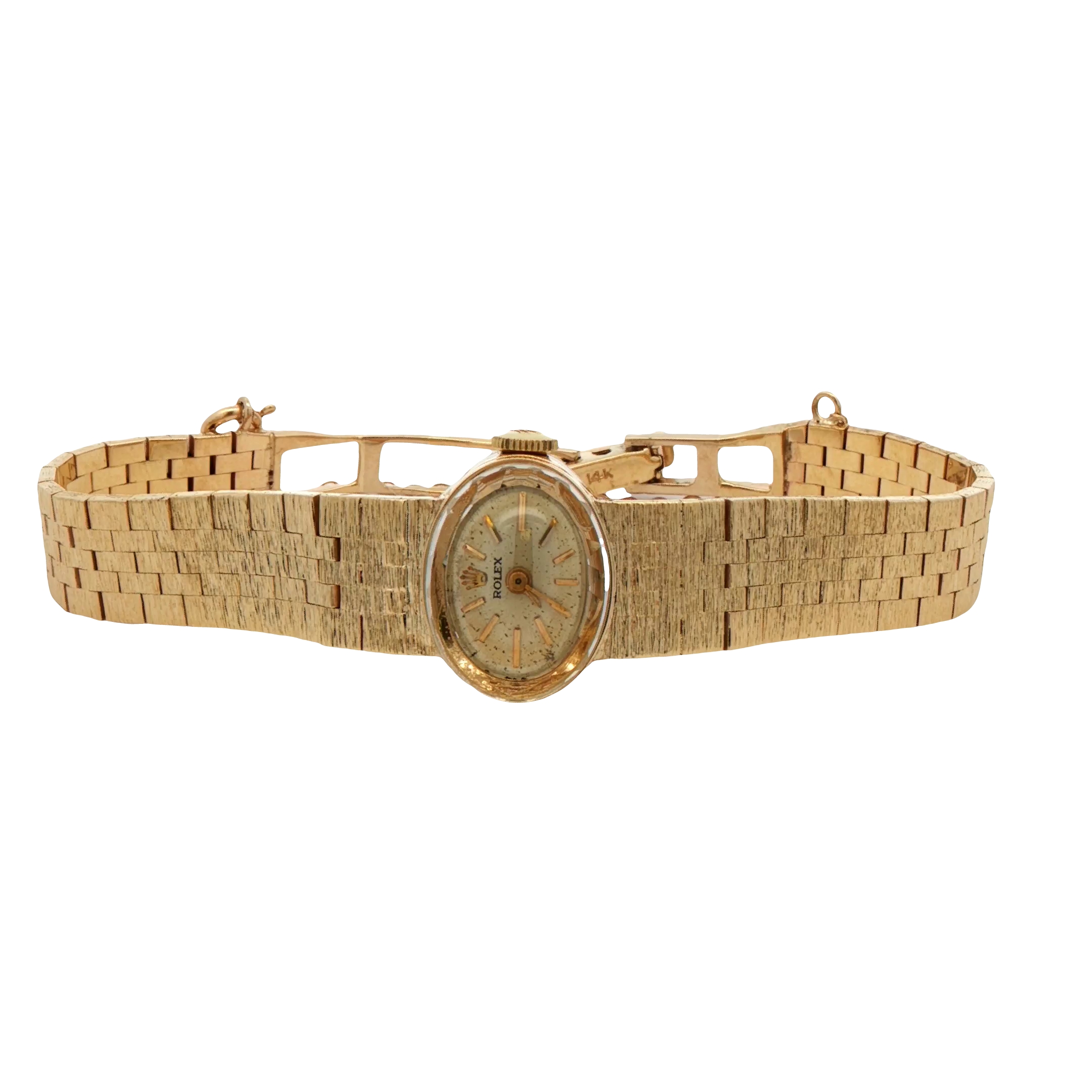 Ladies Yellow 14 Karat Mechanical Rolex Dress Watch With Safety Chain Attached.