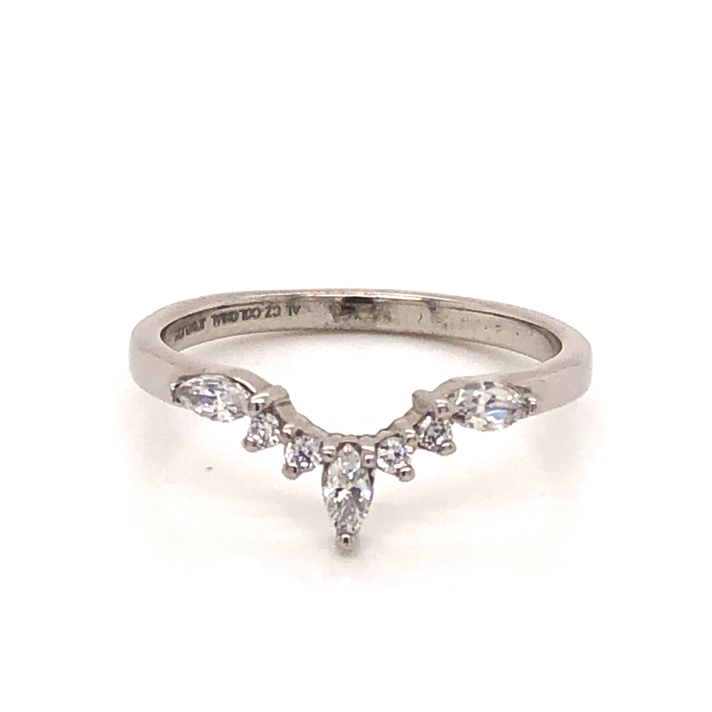14 Karat white gold curved wedding band with 7=0.34ctw marquise and round brilliant Diamonds with G color and VS clarity.