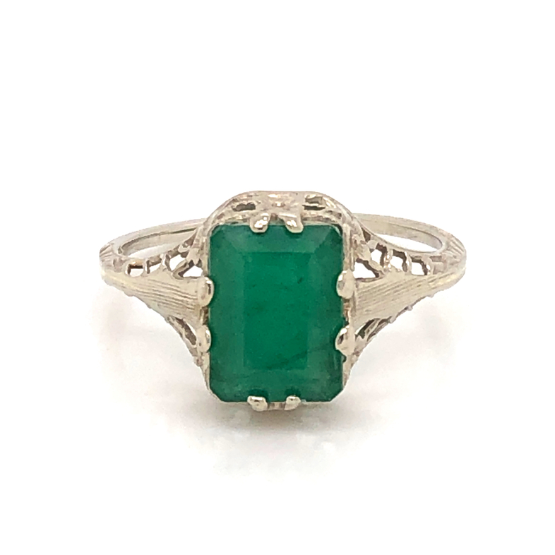 Lady s White 14 Karat Antique Fashion Ring Size 5 With One 1.74Ct Emerald cut Emerald  dwt: 0.9