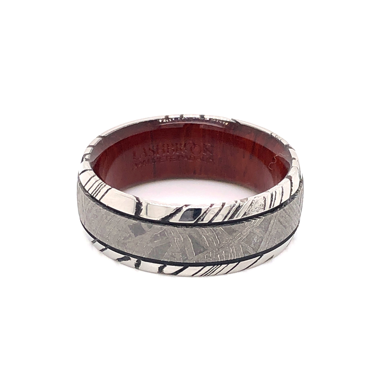 Gent s White Damascus Acid Ring Size 10 With Padauk wood inlay   MM Width: 8  dwt: 4