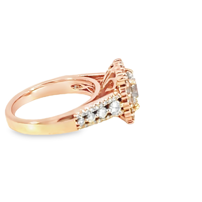 14 Karat rose gold engagement ring with One 1.72Ct Round Brilliant K VS1 Diamond and 64=0.85Tw Round Brilliant G Vs Diamonds