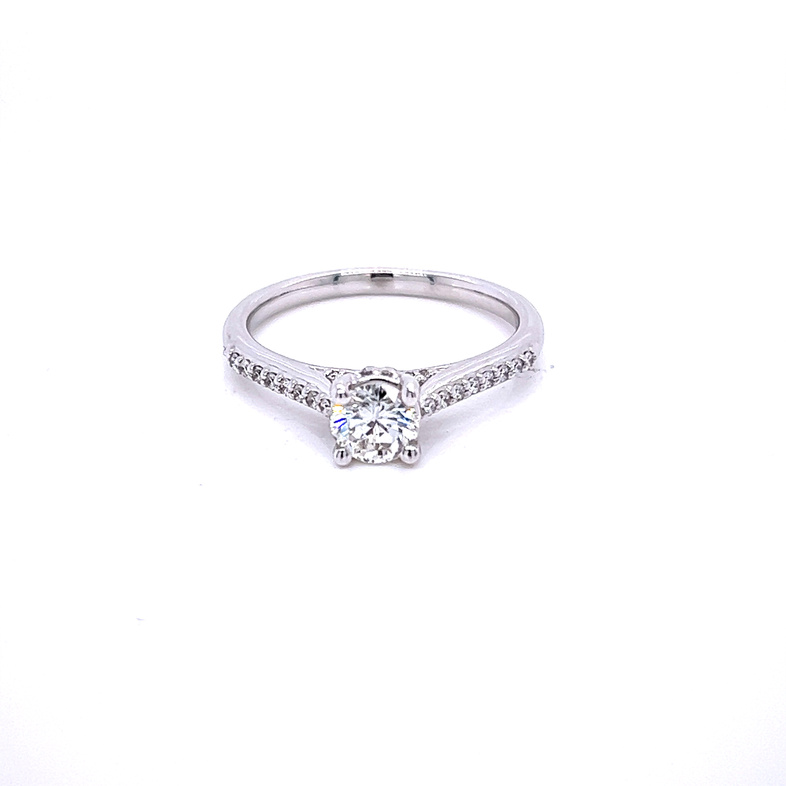 14 Karat White Gold Engagement Ring With One 0.56Ct Round Brilliant H VS1 Diamond And 28= Round Brilliant G SI Diamonds