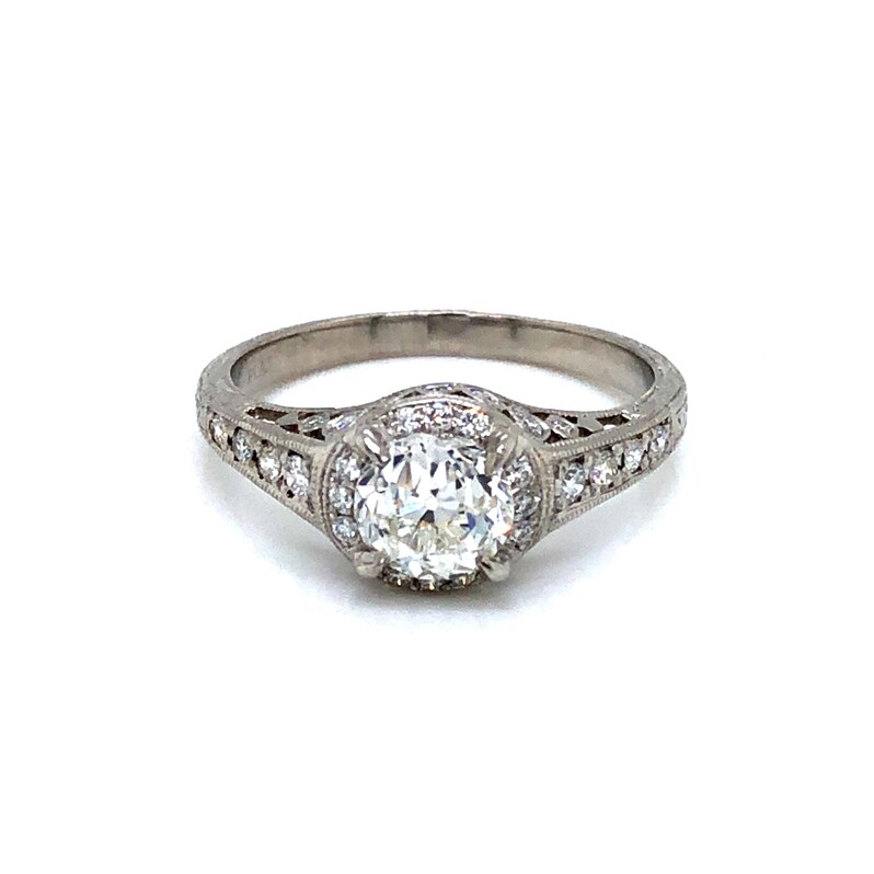 Platinum Ring With One 0.99Ct Old European Cut G SI1 Diamond  GIA 5212340714 And 34=0.44Tw Round Brilliant G VS Diamonds.