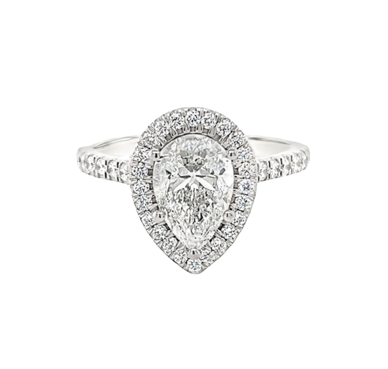 Platinum Micropave Halo Engagement Ring With One 1.50CT Pear I SI2 Diamond And 46=0.43TW Round Brilliant I SI2 Diamonds GIA 1403297699
