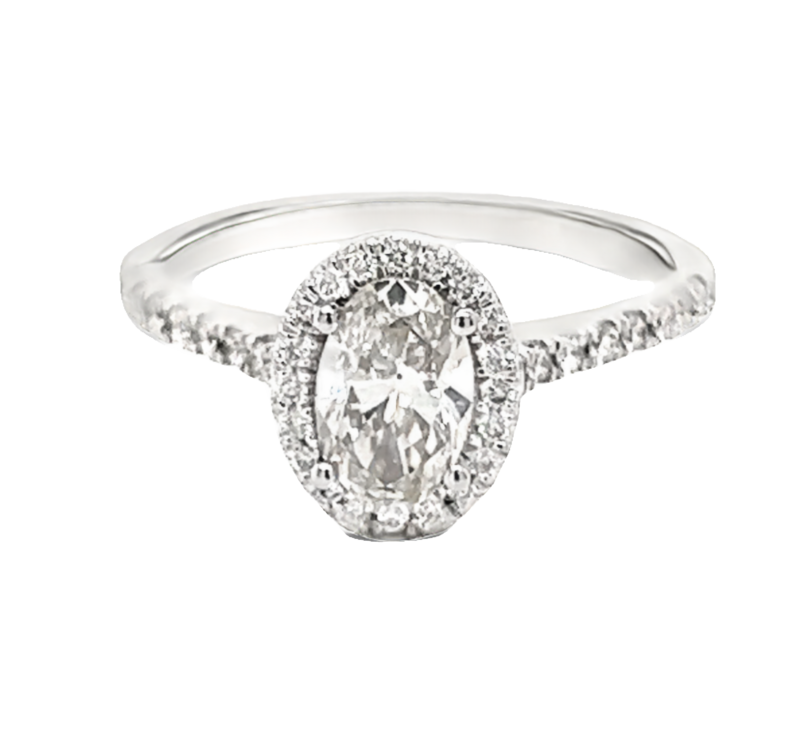 14 Karat White Gold Ring With One 0.71Ct Oval K VS2 Diamond And 34=0.22TW Round Brilliant G VS Diamonds