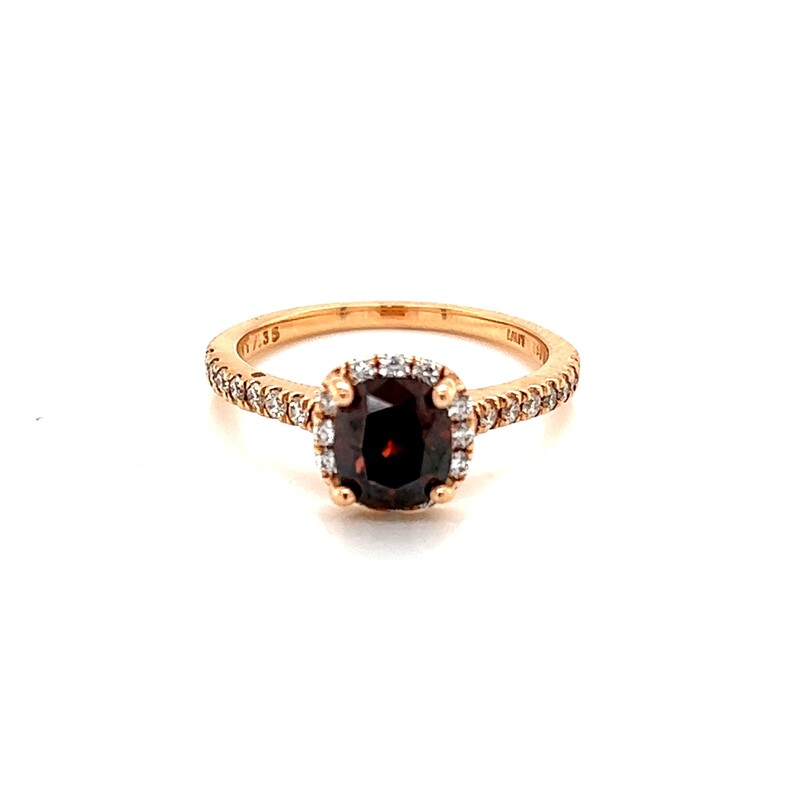 14 Karat Rose Gold Halo Ring With One 1.10CT VS Chocolate Diamond And 28=0.36TW Round Brilliant G VS White Diamonds
