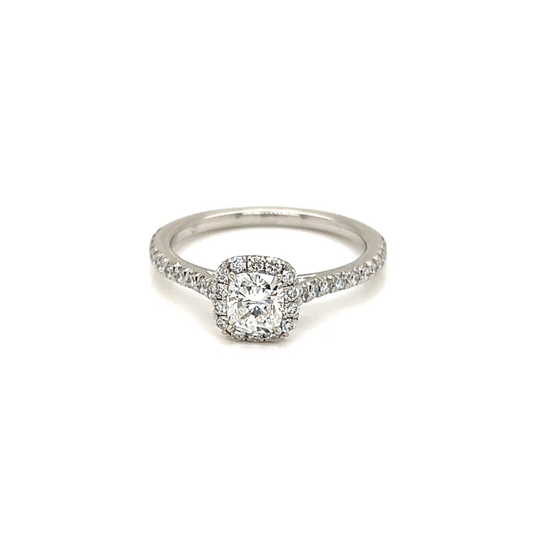 Ladies Platinum Engagement Ring With One 0.52Ct Cushion G VVS1 ForevermarkDiamond  96066619. And 36=0.35Tw Round Brilliant G Vs Diamonds