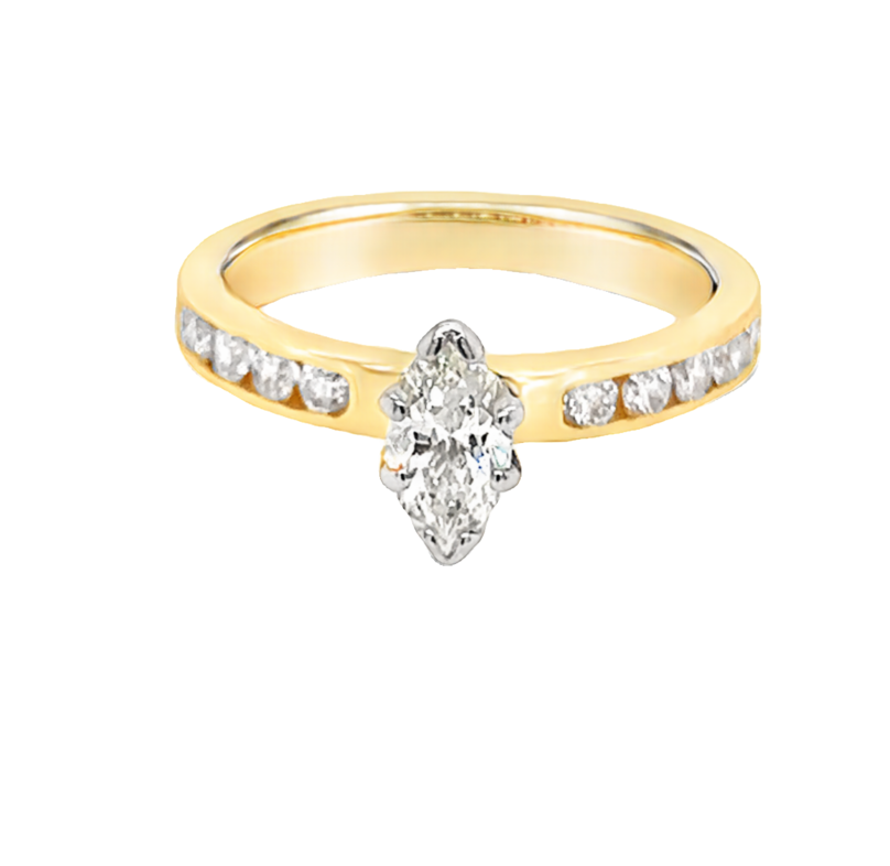14 Karat yellow gold engagement ring With one 0.50ct Marquise G I1 Diamond &  12=0.75tw Round G VS Diamonds.