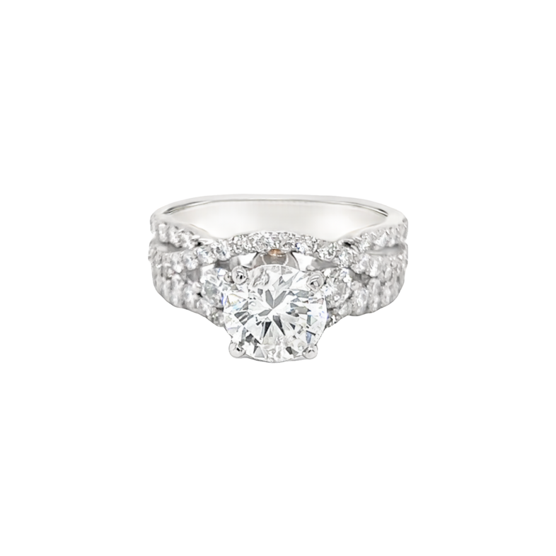14 Karat white gold engagement ring with One 1.63ct Round Brilliant J SI1 Diamond  Set With  54=1.15tw Round Brilliant G VS Diamonds