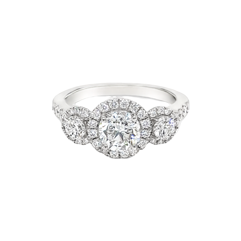 14 karat white gold engagement ring with One 0.90Ct round brilliant H VS1 Diamond and 42=0.71Tw round brilliant G VS Diamonds