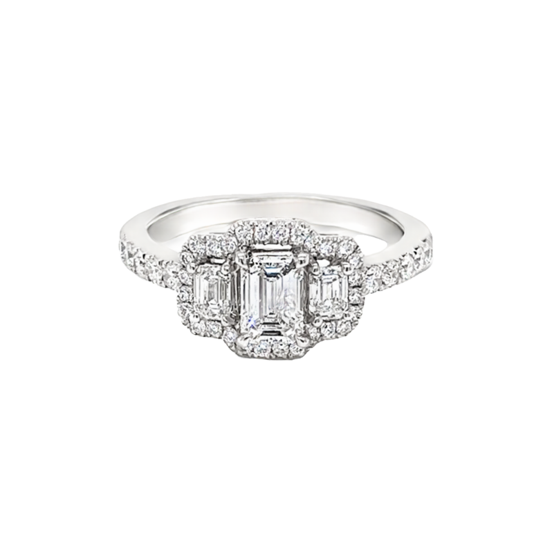 14 Karat white gold engagement ring with One 0.55Ct emerald H VS1 Diamond and 40=0.64Tw round birlliant G VS Diamonds