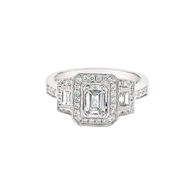 14 Karat white gold engagement ring with One 0.55ct emerald G VS2 Diamond and  48=0.52tw Round brilliant G VS Diamonds