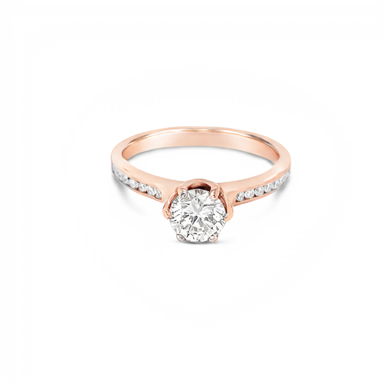 14 Karat rose gold ring one 0.60ct Round Brilliant J SI2 Diamond &  28=0.40tw Round Brilliant G SI Diamonds.