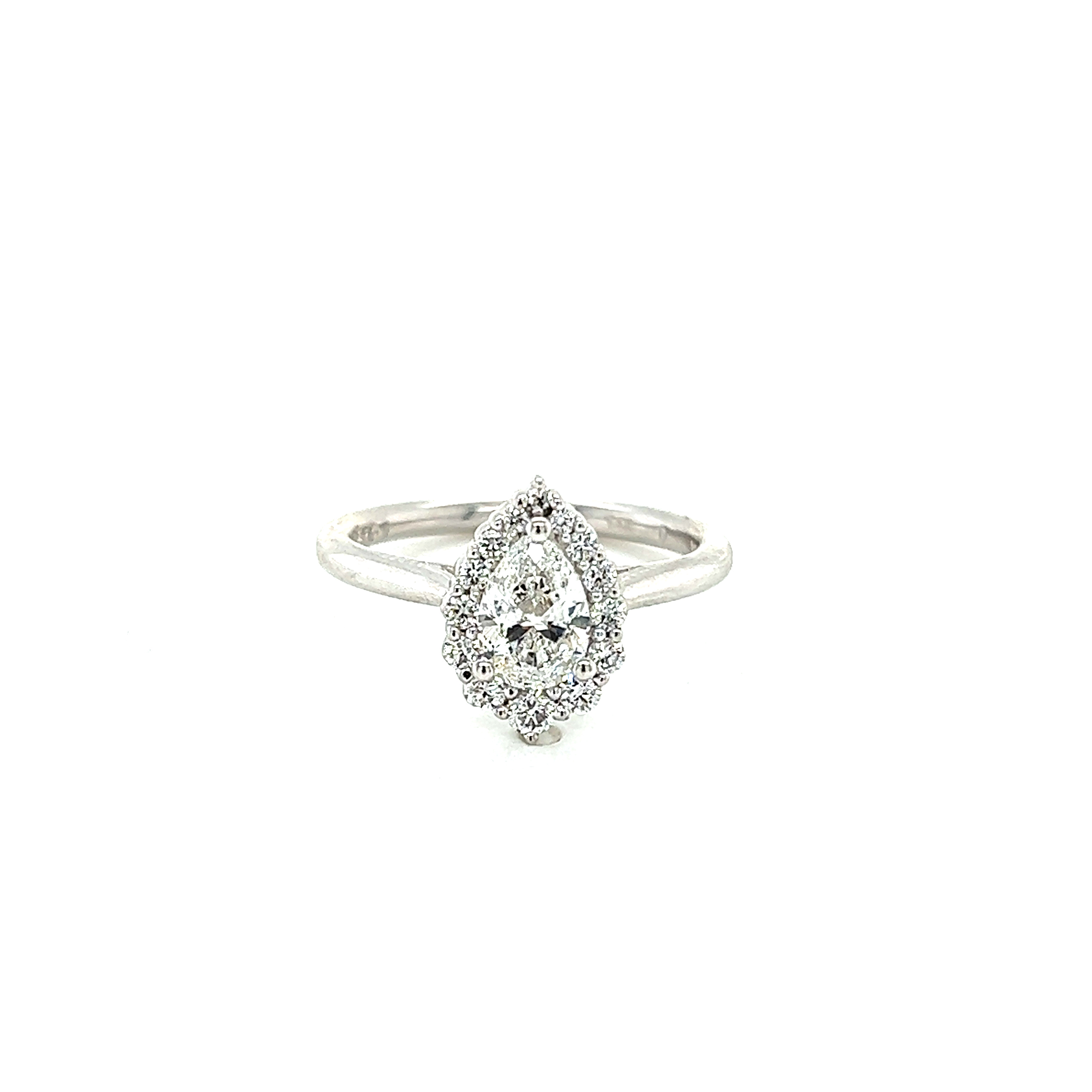 White 14 Karat Engagement Ring WITH one 0.70ct Pear F SI2 Diamond and   14=0.27tw Round Brilliant F SI Diamonds Style: Halo Solitaire