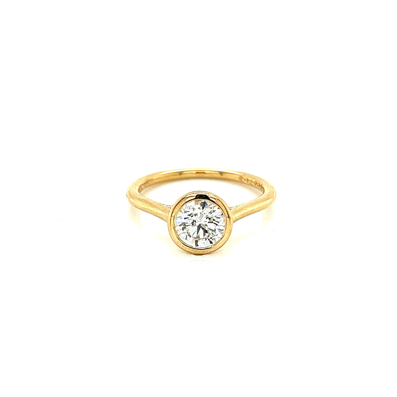 Yellow 14 Karat Engagement Ring Size 6.5 with one bezel set 1.00ct Round Brilliant H I1 Diamond
