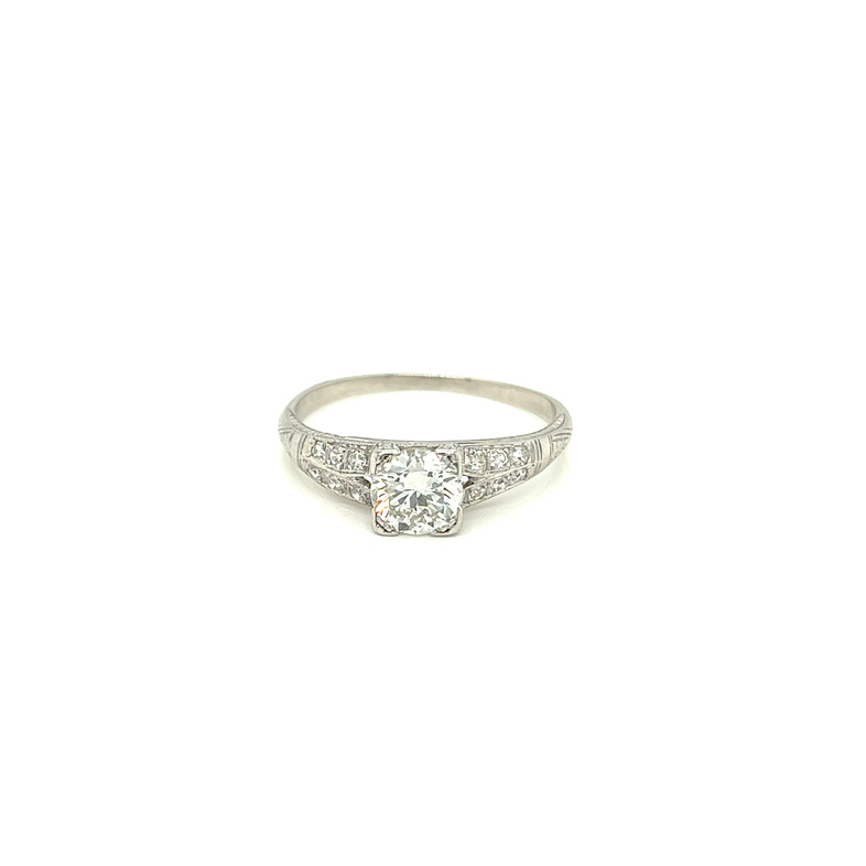 Lady s Platinum Engraved Ring With One 0.77ct Round Brilliant G VS1 Diamond &  12=0.20tw Single Cut G VS Diamonds