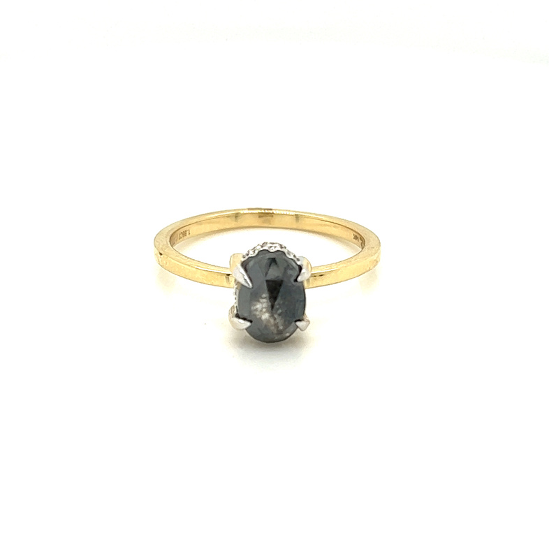 14 Karat yellow gold engagement ring with One 1.77Ct oval salt and pepper Diamond and 10=0.09Tw round brilliant G SI Diamonds