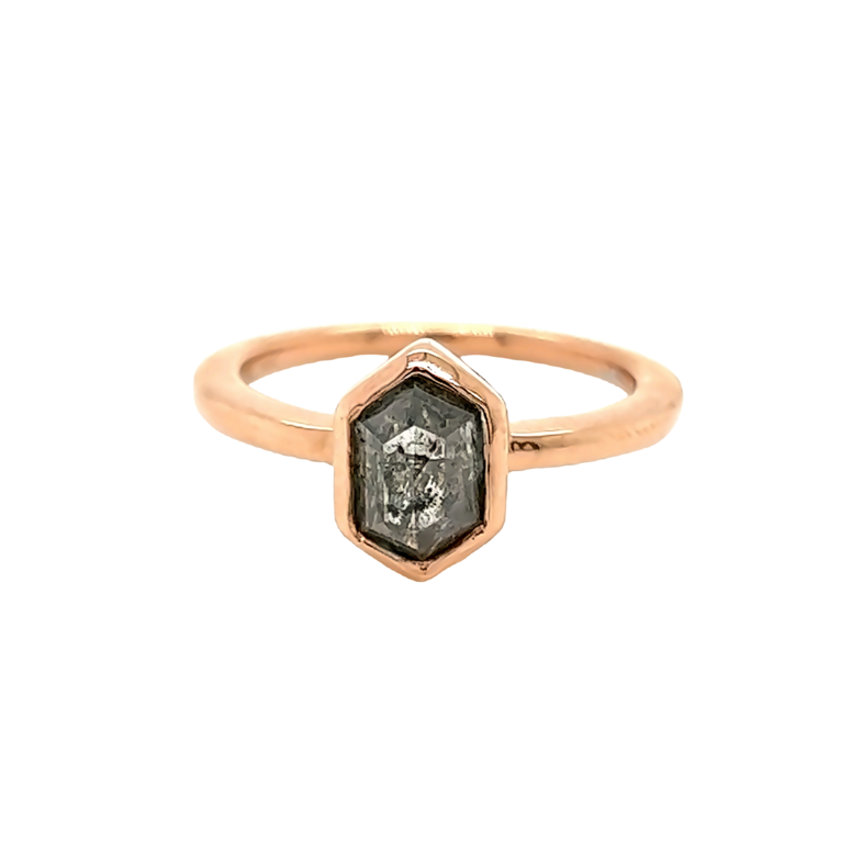 14 karat rose engagement ring with one 1.49 carat long hex salt and pepper Diamond.