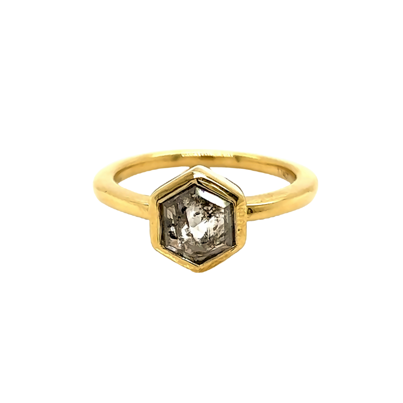 14 Karat yellow solitaire engagement ring with one 1.41 carat hexagon shape salt and pepper Diamond.  REF#100-1276